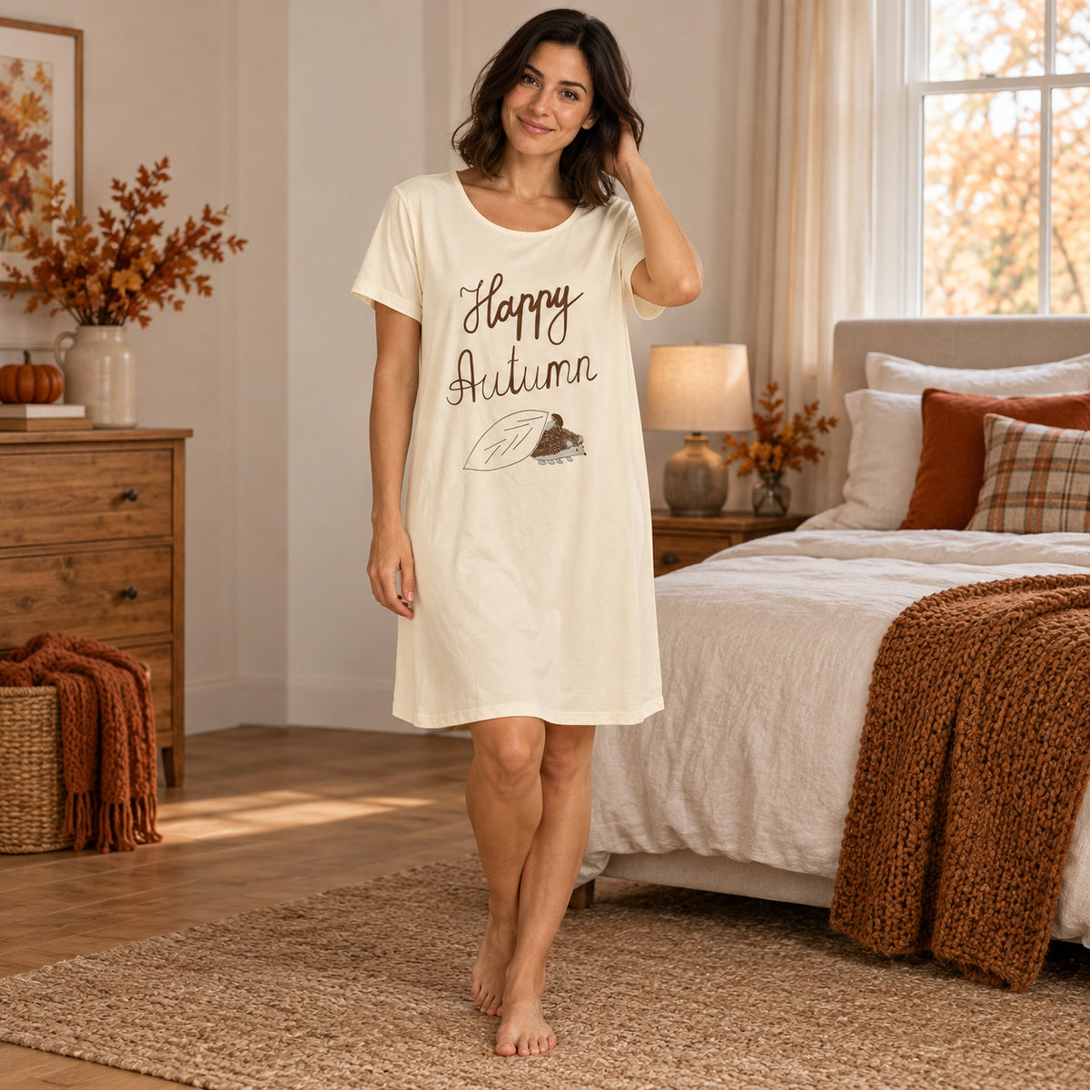 Ivory Autumn Graphic Short-Sleeve Nightdress front view