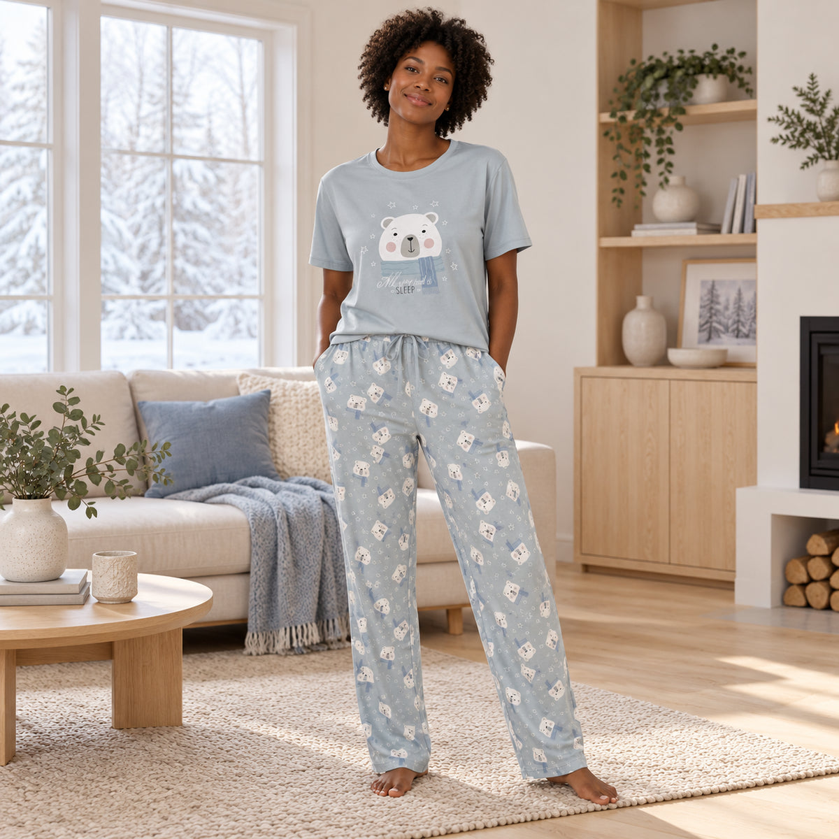 Blue Cat Graphic Short-Sleeve Pajama Pants Set front view