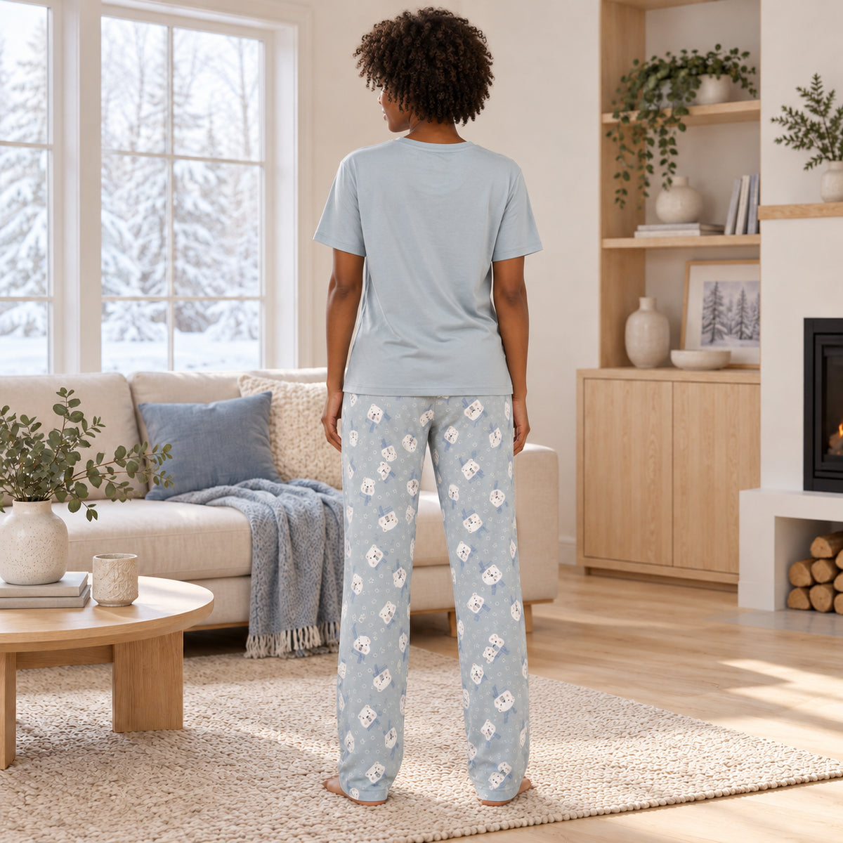 Blue Cat Graphic Short-Sleeve Pajama Pants Set back view