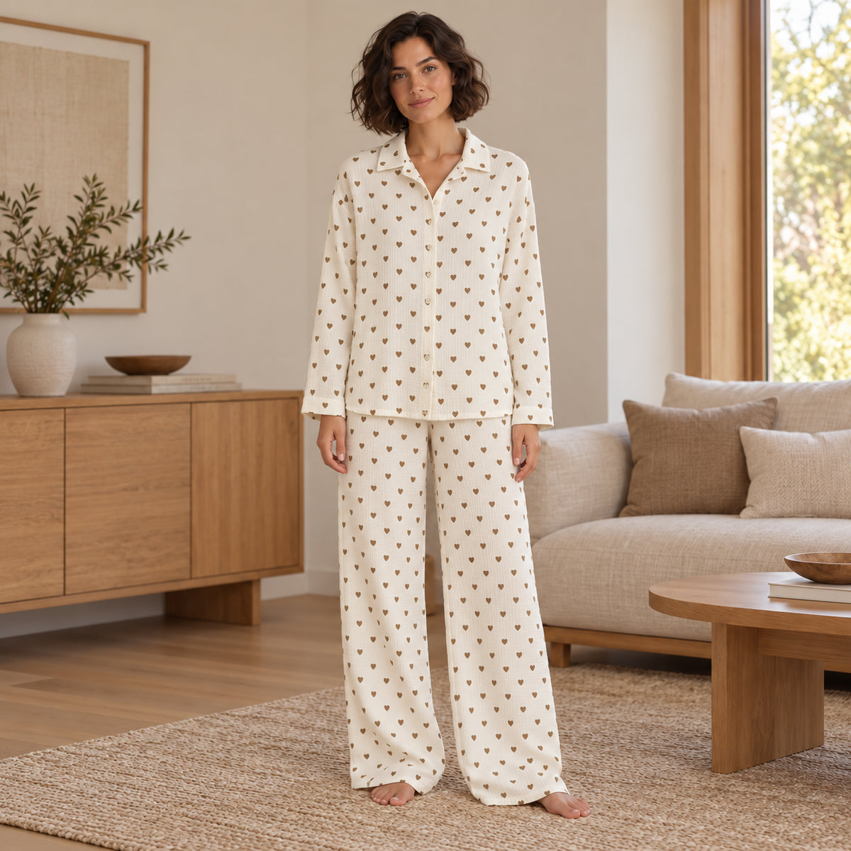 Ivory Printed Button-Front Long-Sleeve Pajama Set front view