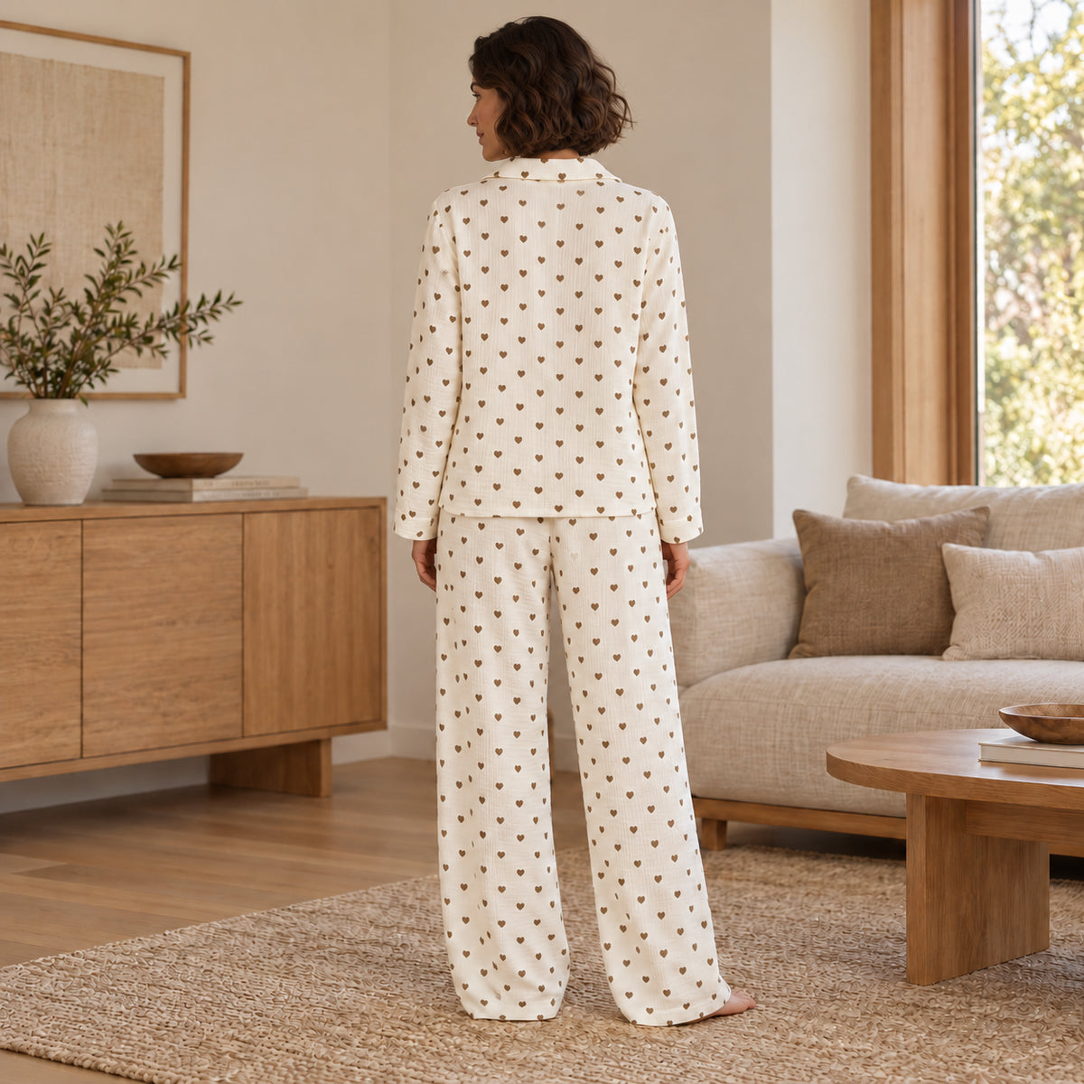 Ivory Printed Button-Front Long-Sleeve Pajama Set back view