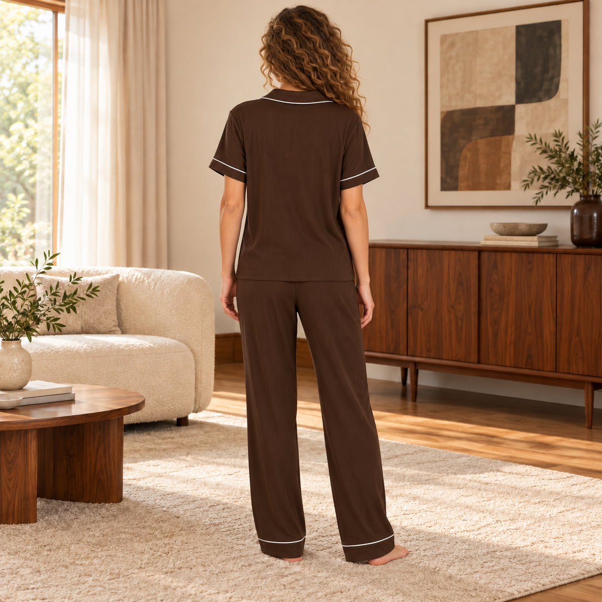 Brown Contrast-Piping Button-Front Pajama Set back view