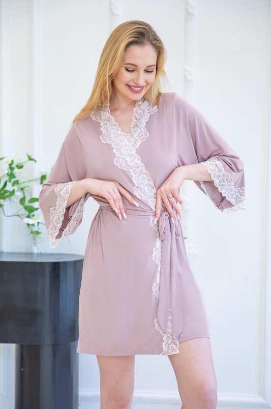 Elegant pink robe with lace trim from a premier sleepwear factory, crafted by expert pajamas manufacturers.