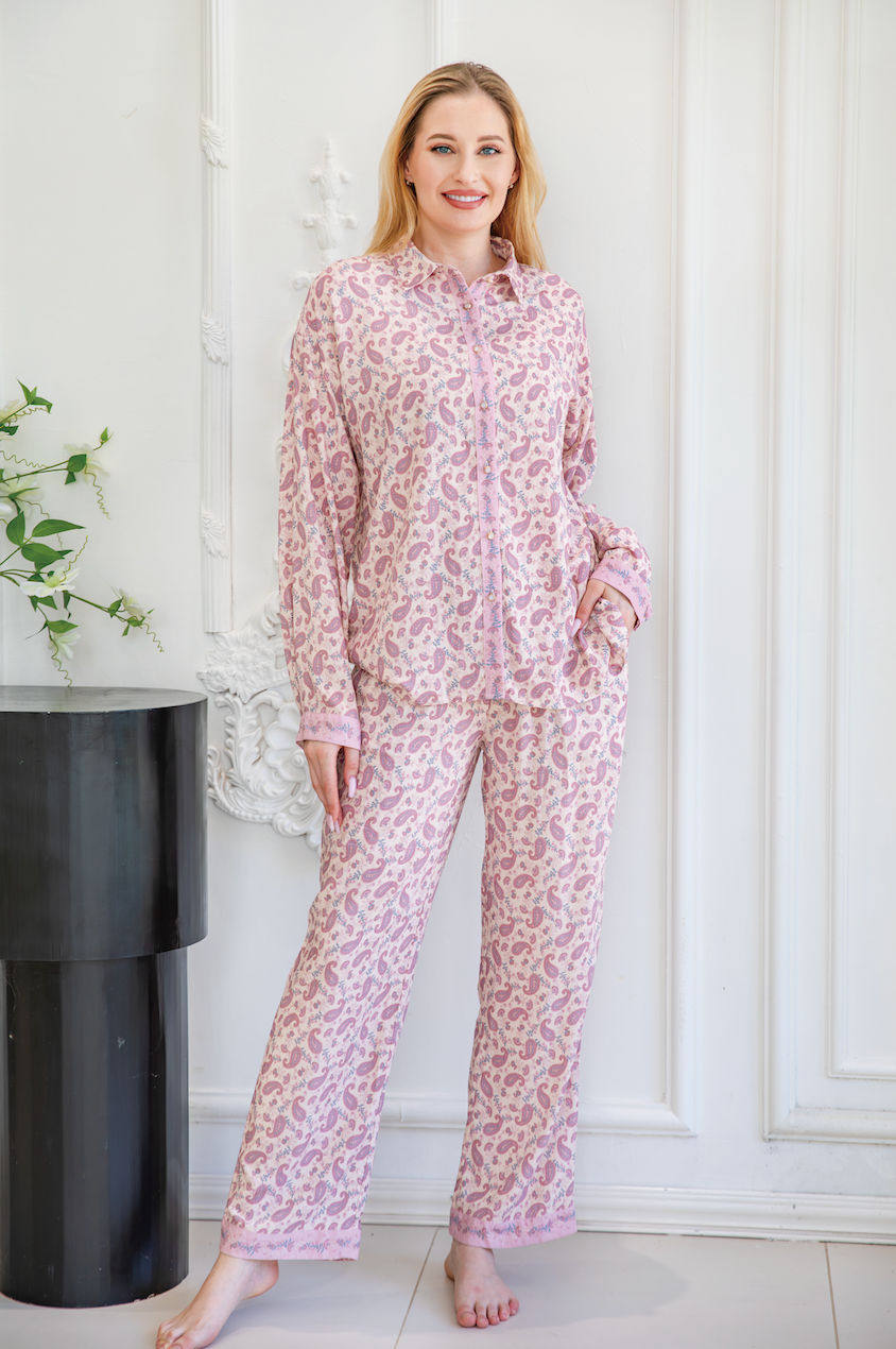 Stylish Jacquard viscose pajama set with contrast edge from a leading sleepwear factory, featuring a comfortable button-up shirt and matching pants with a floral pattern, perfect for a cozy night's sleep. Manufactured by a renowned pajamas manufacturer.