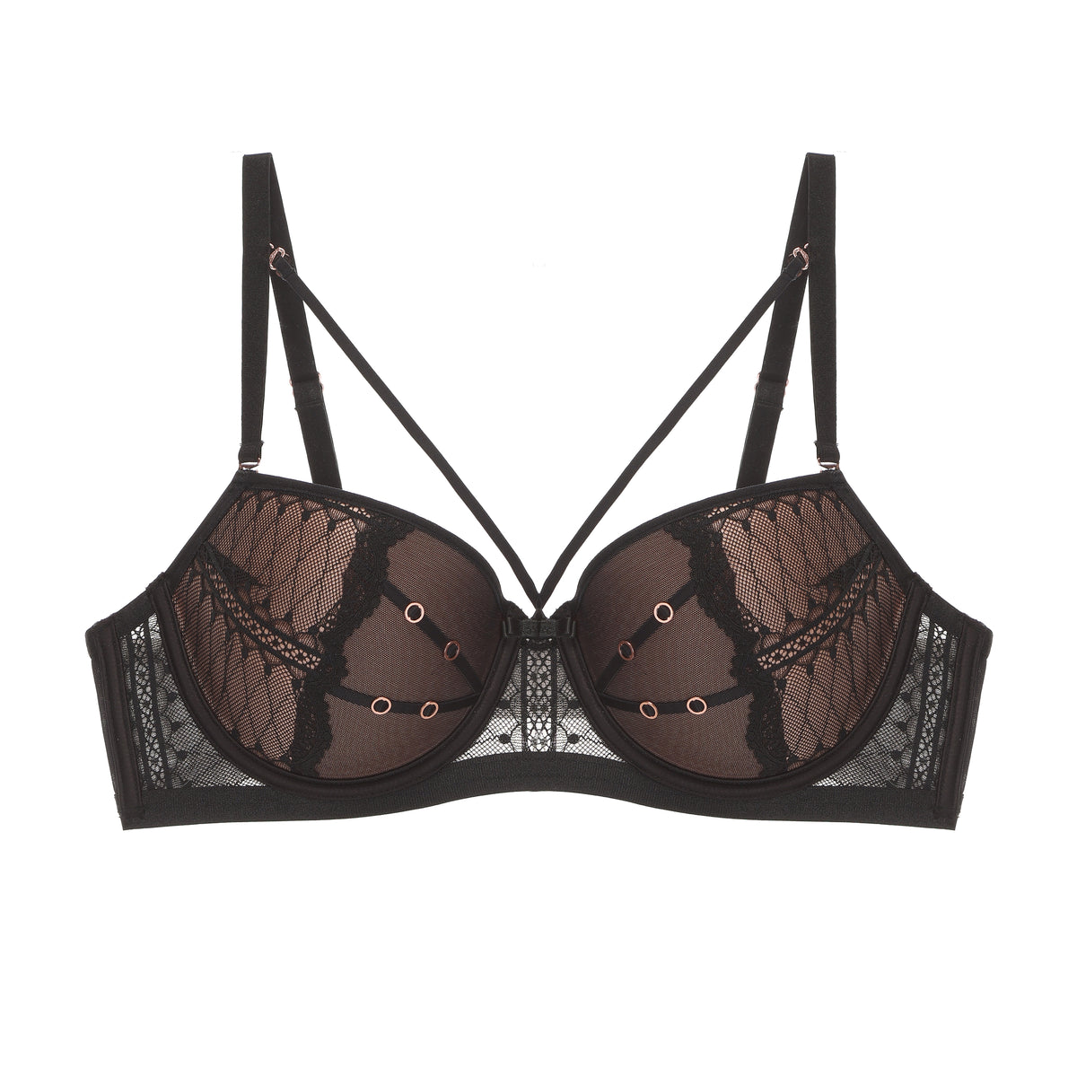 Black Sheer Lace Harness Multi‑Strap Underwire Bra
