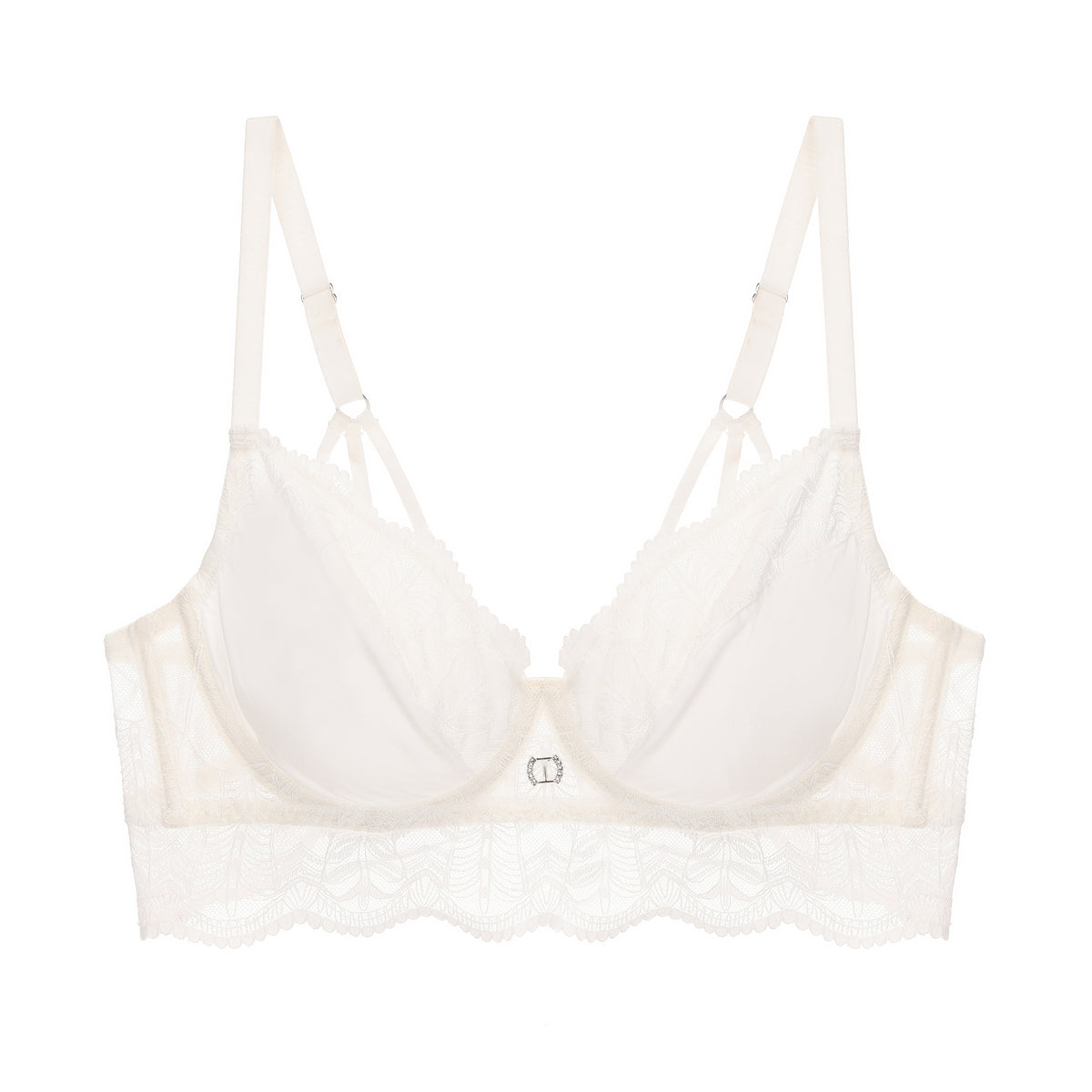 Off‑White Longline Scalloped Lace 2‑Piece Lingerie Set, Bra & Thong Panty