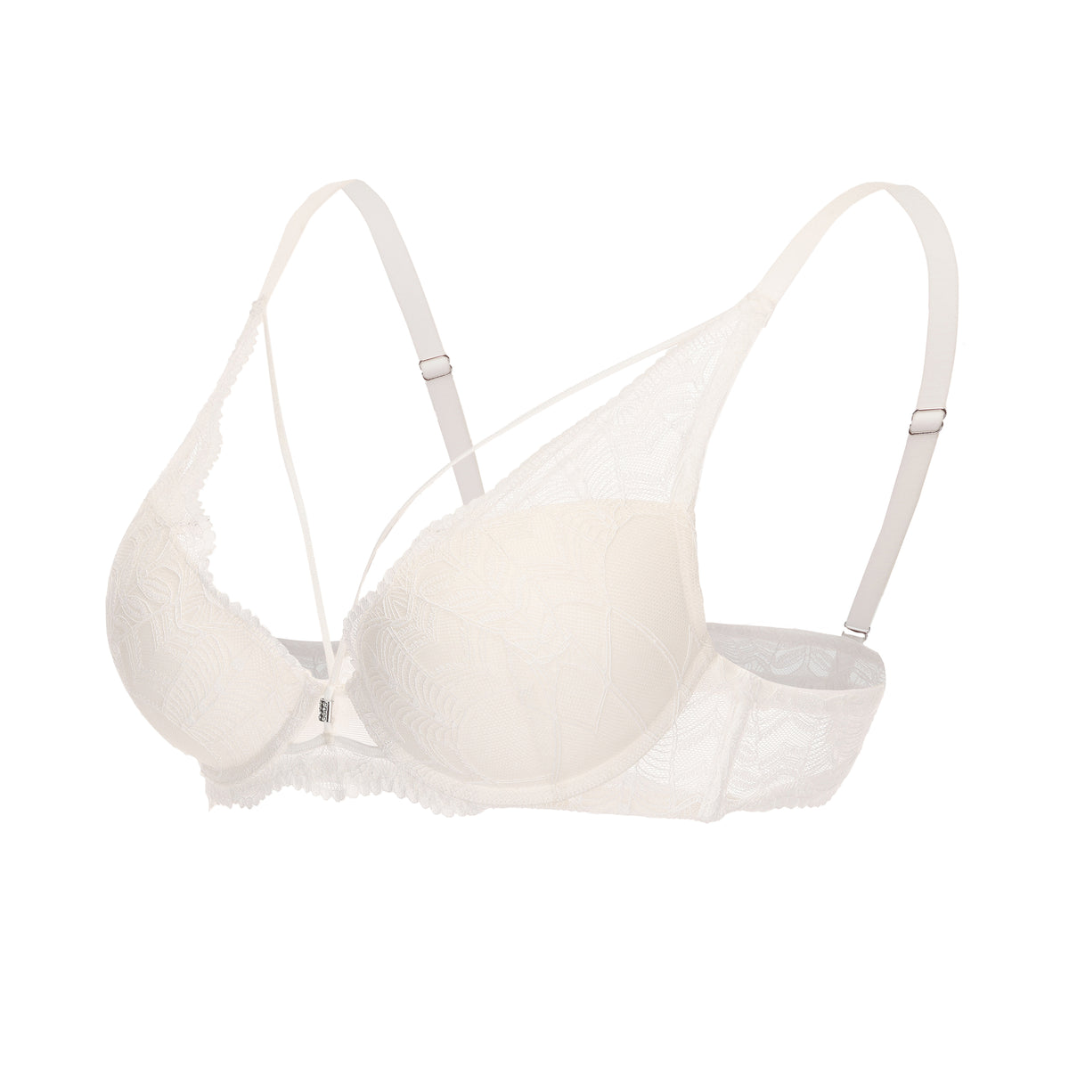Off‑White Leaf‑Pattern Lace Criss‑Cross Front Strap Underwire Bra