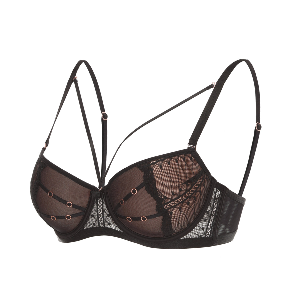 Black Sheer Lace Harness Multi‑Strap Underwire Bra