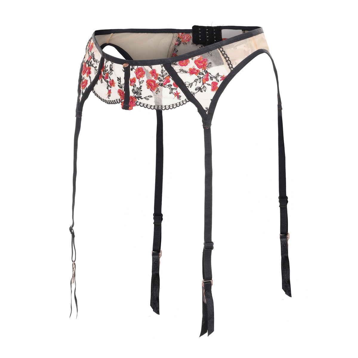 Floral Embroidered Sheer Mesh Bra & Garter Lingerie 3‑Piece Set