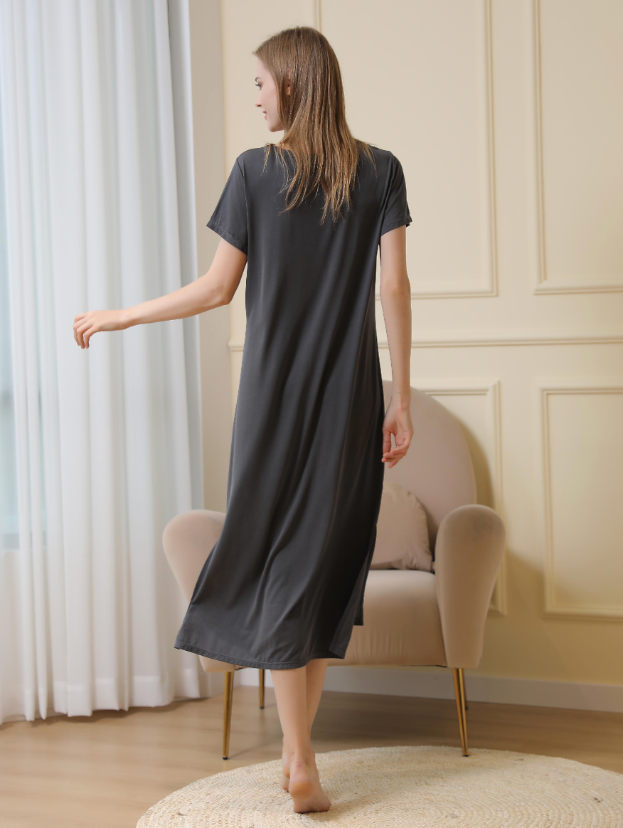 Elegant back view of a modal night gown with soft wash from a top nightgown factory, featuring a relaxed short-sleeve design in gray, ideal for a cozy and comfortable sleepwear experience. Crafted by a trusted pajamas manufacturer.