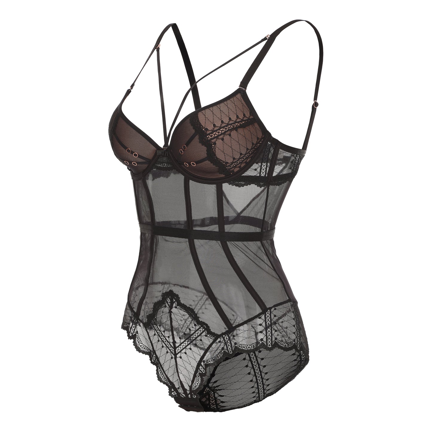 Elegant black lace bodysuit with intricate design from a top sleepwear factory, crafted by a leading nightgown factory or pajamas manufacturers for luxurious and stylish nightwear