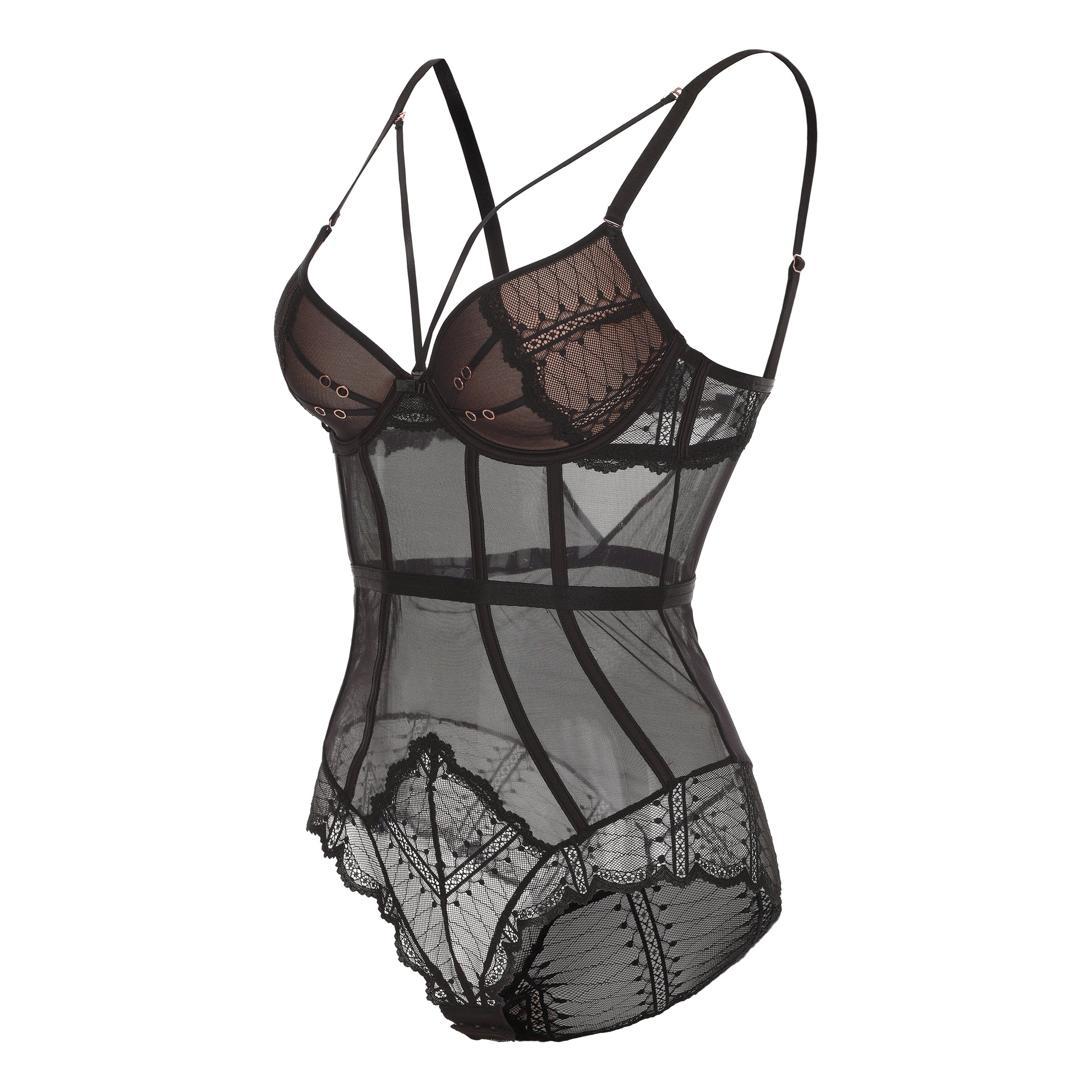 Elegant black lace bodysuit with intricate design from a top sleepwear factory, crafted by a leading nightgown factory or pajamas manufacturers for luxurious and stylish nightwear