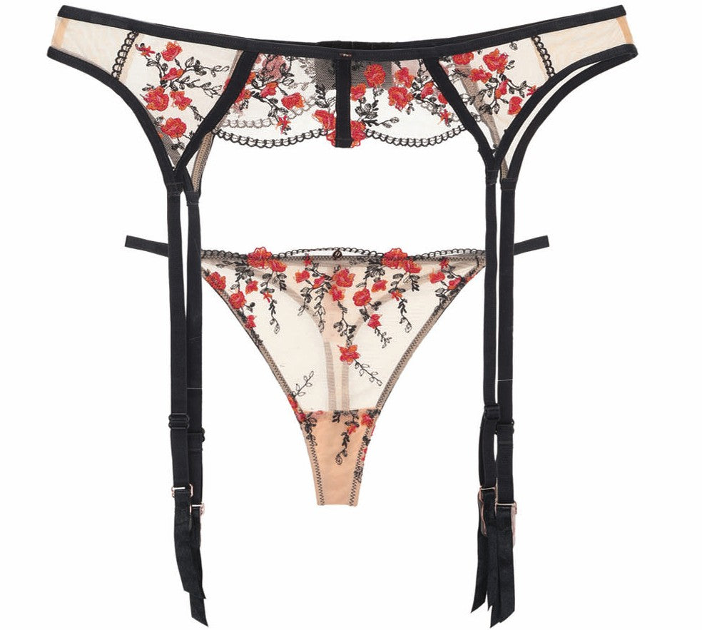 Floral Embroidered Sheer Mesh Bra & Garter Lingerie 3‑Piece Set