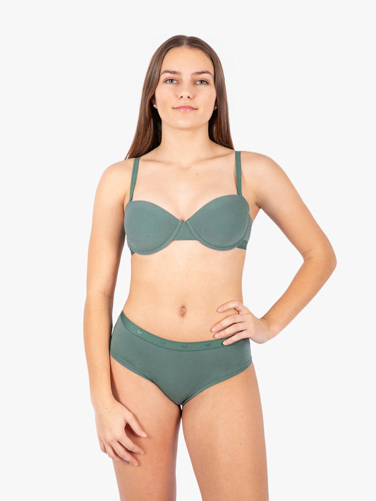 Stylish green bra and panty set from a leading underwear factory, crafted by a top lingerie manufacturer or pajamas manufacturers for comfortable sleepwear.