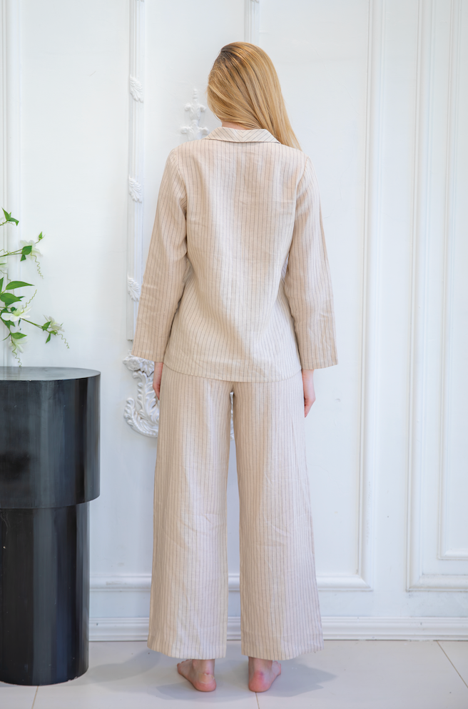 Stylish beige striped sleepwear set from a renowned sleepwear factory, showcasing the back view of a nightgown and pants designed by a top pajama manufacturer, crafted with expertise by pajamas manufacturers.